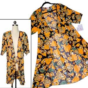 LuLaRoe Shirley Kimono Small Floral Yellow Orange Brown Sheer Chiffon Coverup